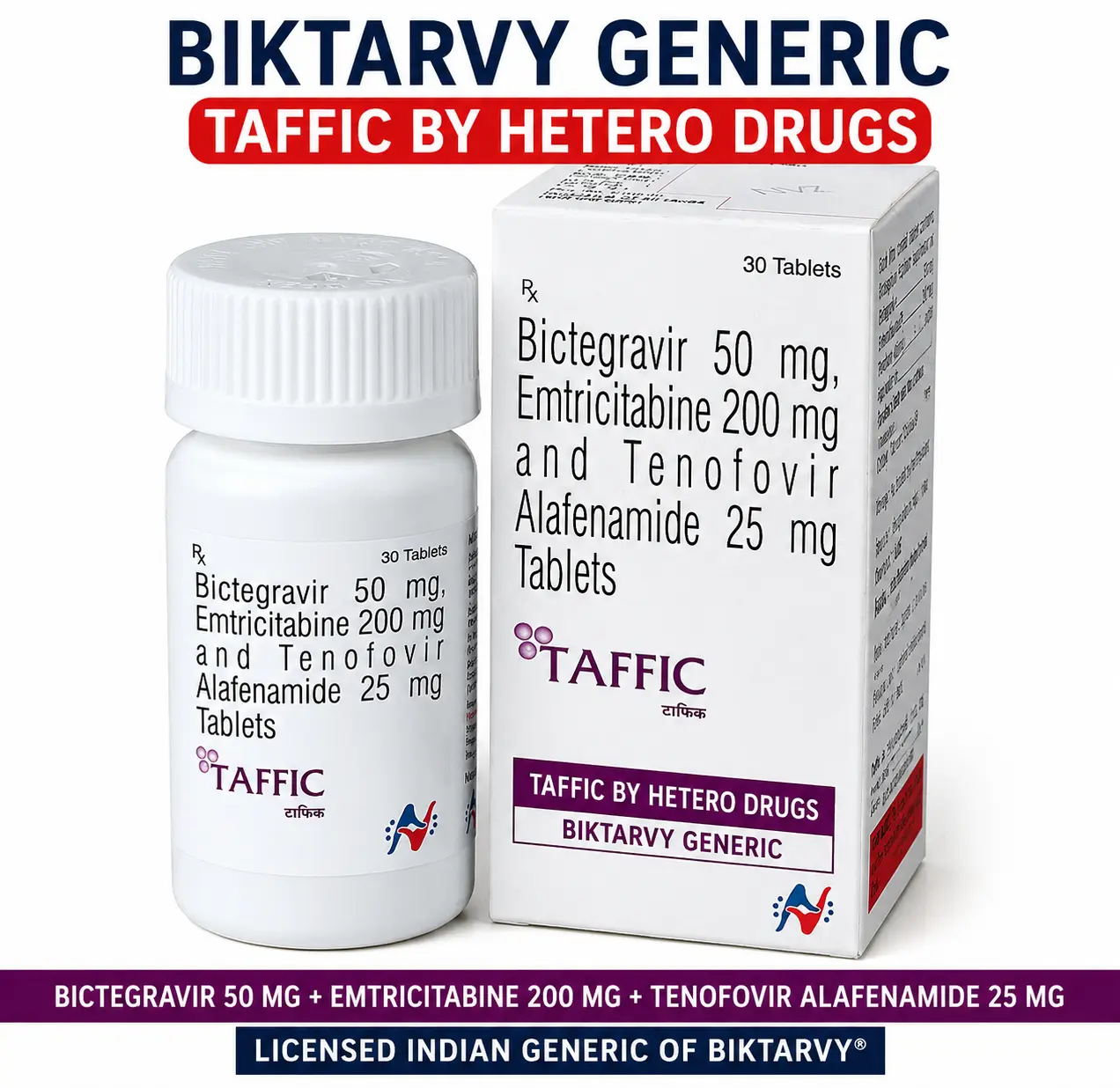Taffic by Hetero Drugs, a licensed Indian generic version of Biktarvy containing bictegravir 50 mg, emtricitabine 200 mg, and tenofovir alafenamide 25 mg